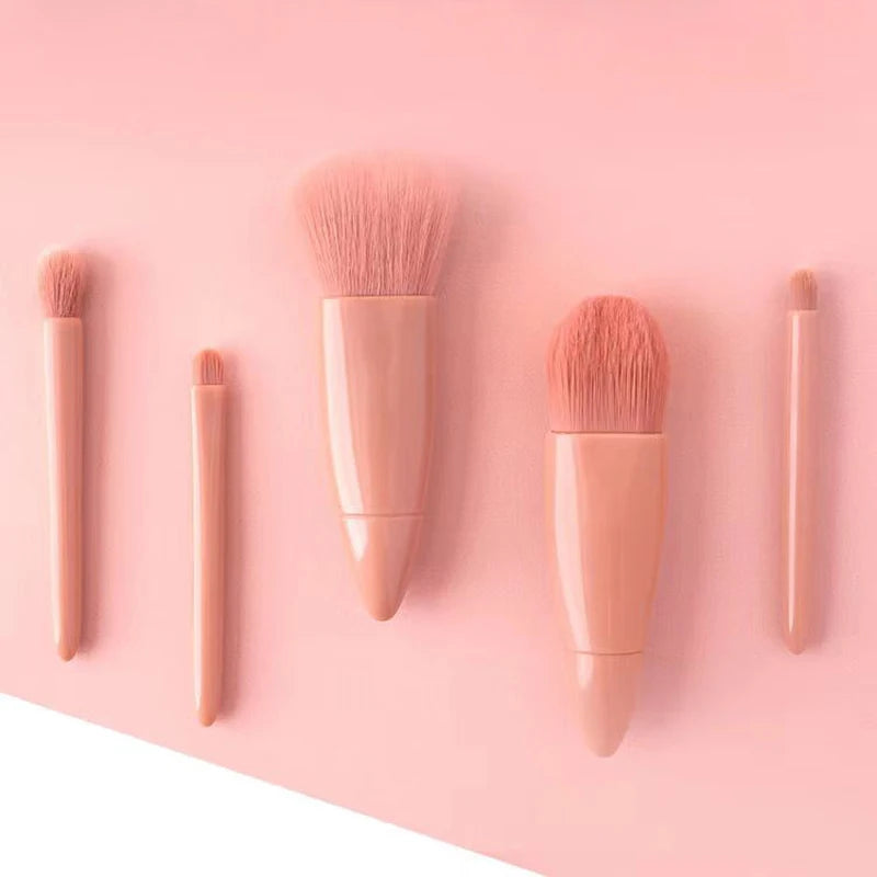 5pcs Mini Makeup Cosmetic Brushes Sets Translucent Box Mirror Face Foundation Powder Blusher Protable Travel Carry Make Up Tools