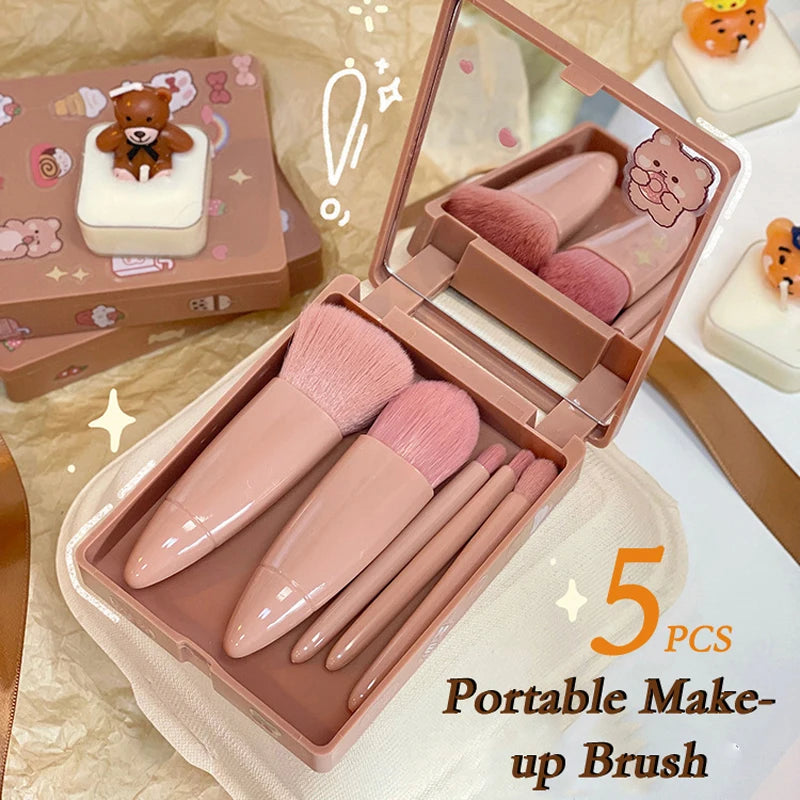 5pcs Mini Makeup Cosmetic Brushes Sets Translucent Box Mirror Face Foundation Powder Blusher Protable Travel Carry Make Up Tools