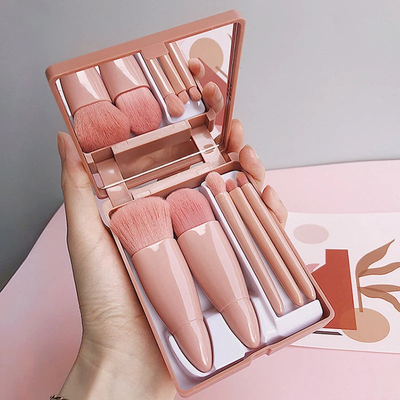 5pcs Mini Makeup Cosmetic Brushes Sets Translucent Box Mirror Face Foundation Powder Blusher Protable Travel Carry Make Up Tools
