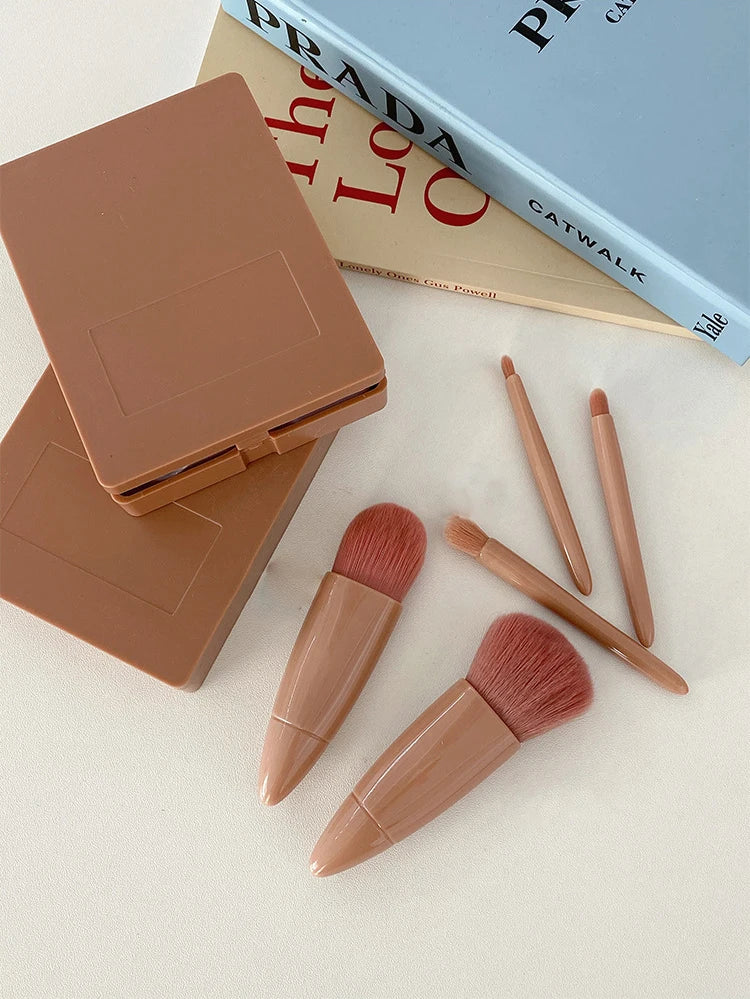 5pcs Mini Makeup Cosmetic Brushes Sets Translucent Box Mirror Face Foundation Powder Blusher Protable Travel Carry Make Up Tools