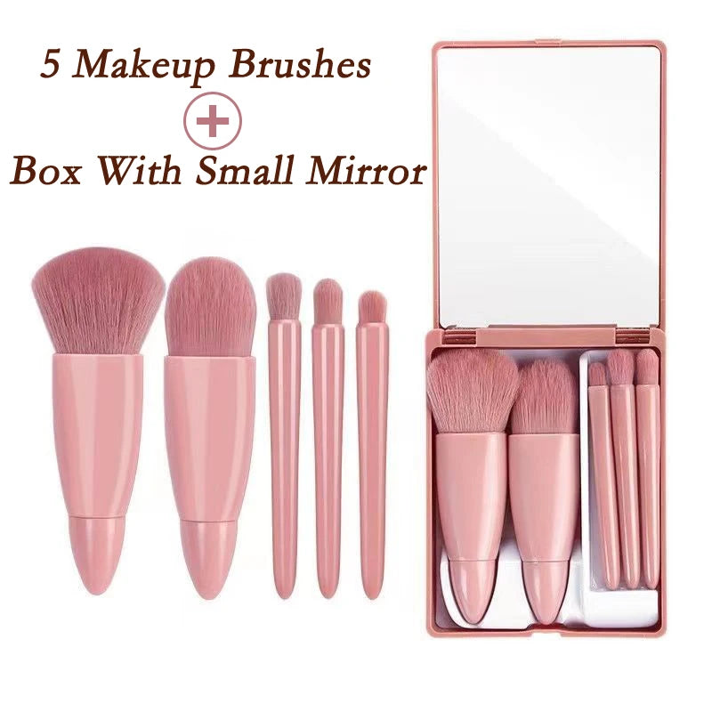 5pcs Mini Makeup Cosmetic Brushes Sets Translucent Box Mirror Face Foundation Powder Blusher Protable Travel Carry Make Up Tools