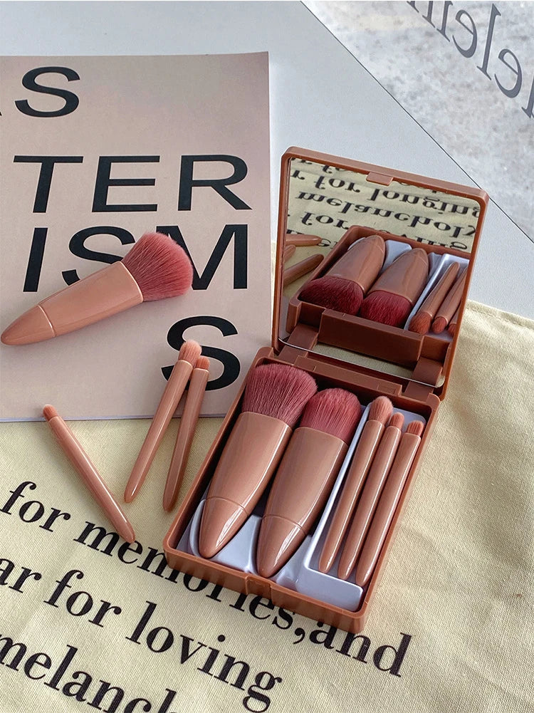 5pcs Mini Makeup Cosmetic Brushes Sets Translucent Box Mirror Face Foundation Powder Blusher Protable Travel Carry Make Up Tools